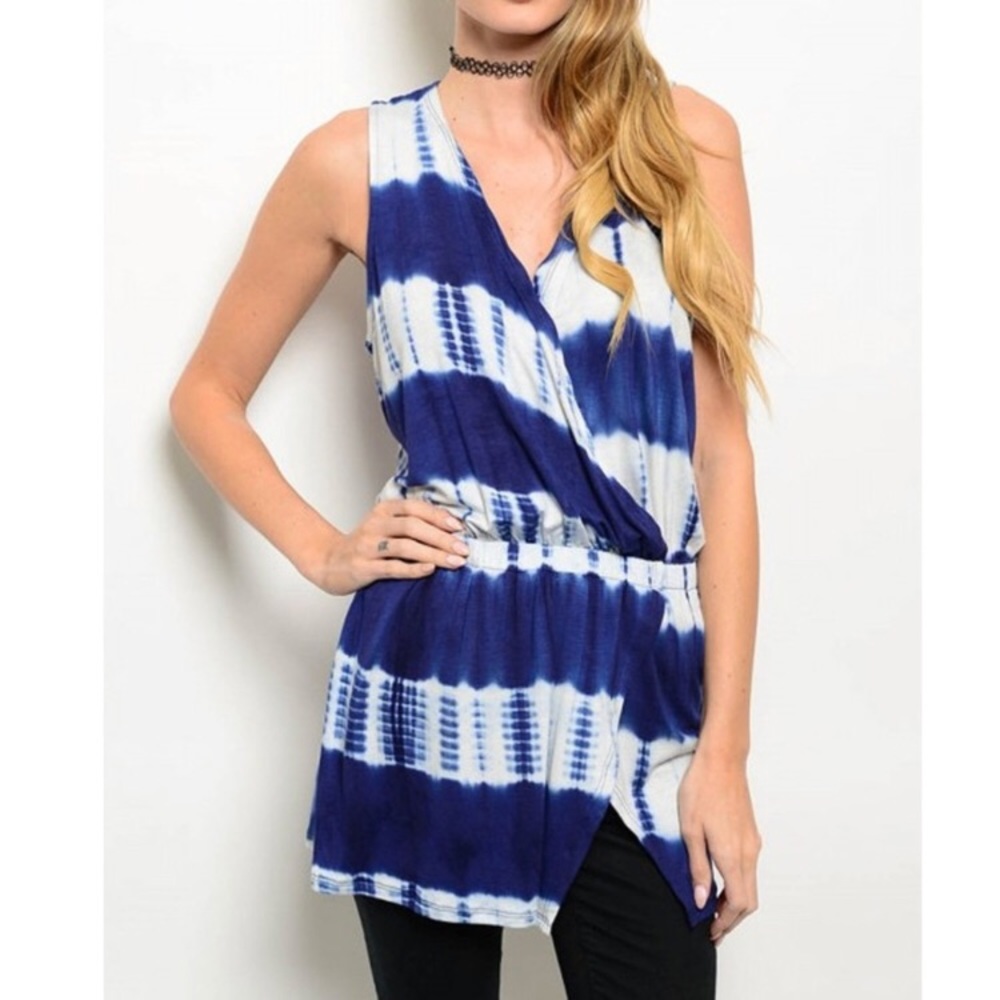 Feminine, flattering blue and white sleeveless top